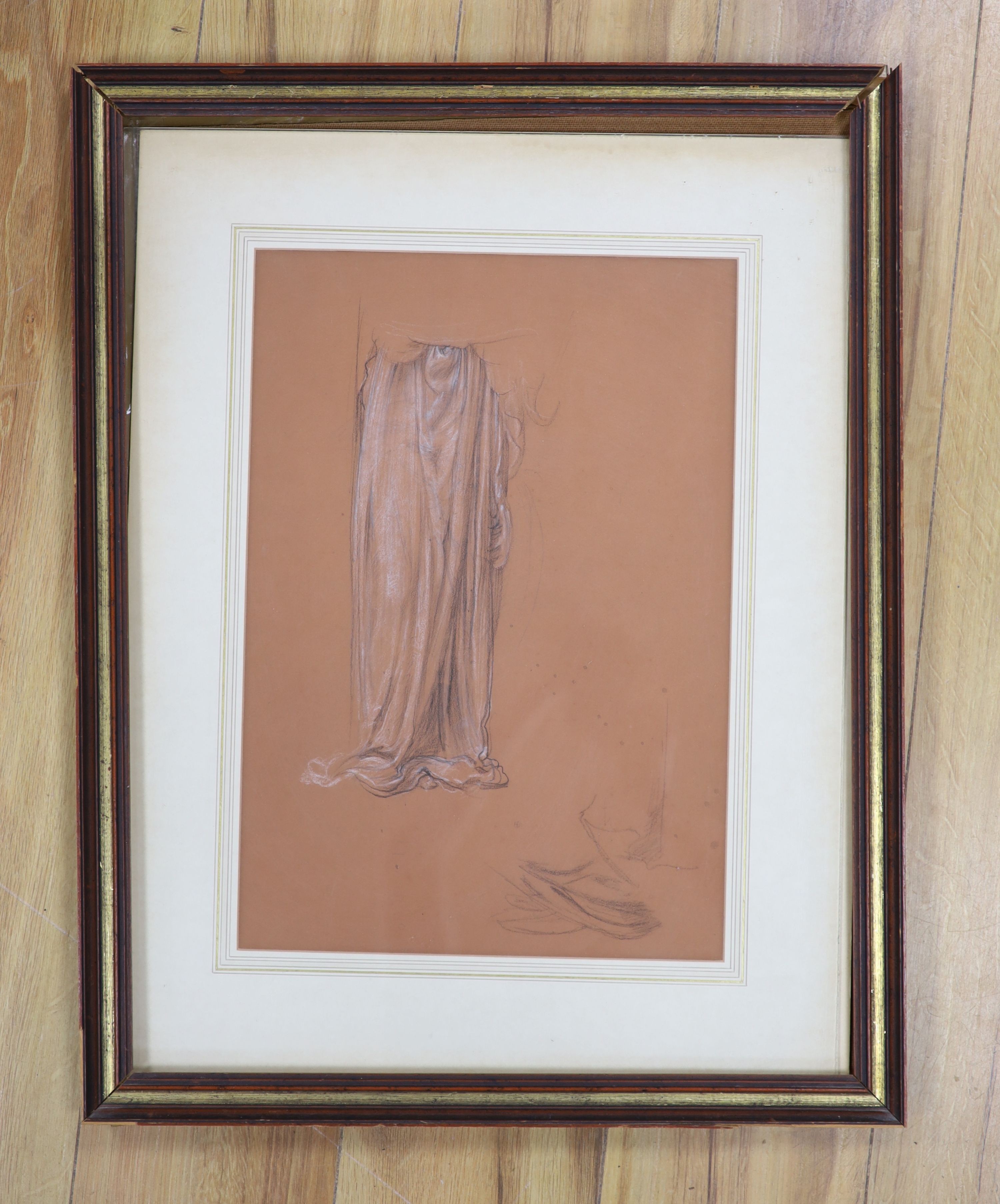 Attributed to Sir Edward Poynter (1826-1919), charcoal and chalk on sanguine paper, Study of drapery, 42 x 29cm